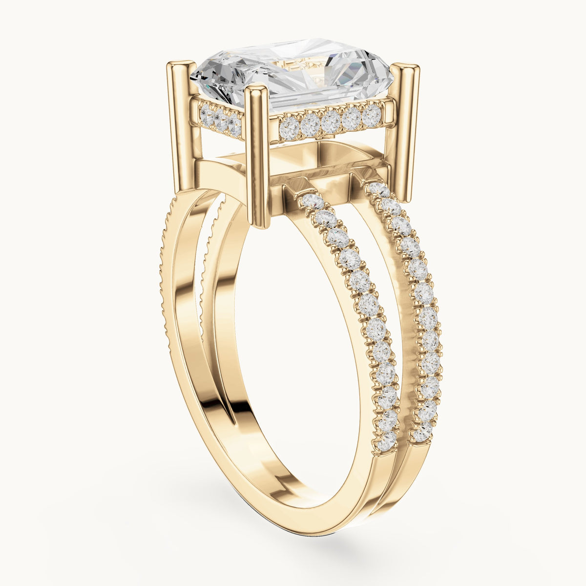 Radiant-cut lab-grown diamond pavé split-shank hidden halo engagement ring in yellow gold, 3.384 CT TW, view 1