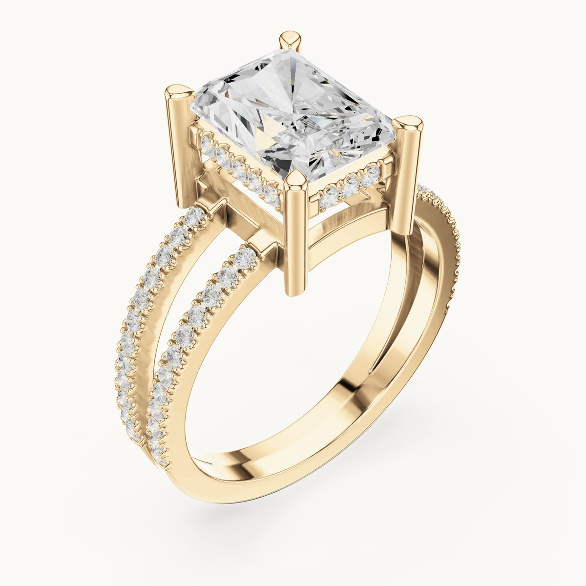Radiant-cut lab-grown diamond pavé split-shank hidden halo engagement ring in yellow gold, 3.384 CT TW, view 2