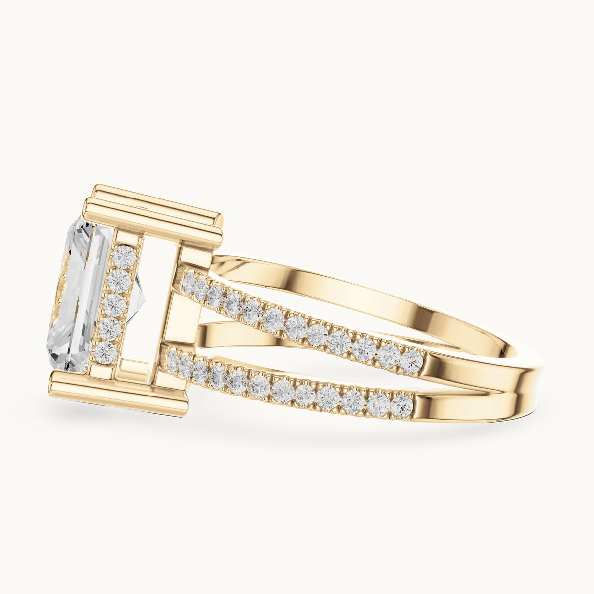 Radiant-cut lab-grown diamond pavé split-shank hidden halo engagement ring in yellow gold, 3.384 CT TW, view 3