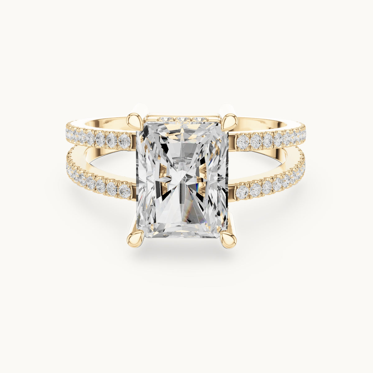 Radiant-cut lab-grown diamond pavé split-shank hidden halo engagement ring in yellow gold, 3.384 CT TW, view 4
