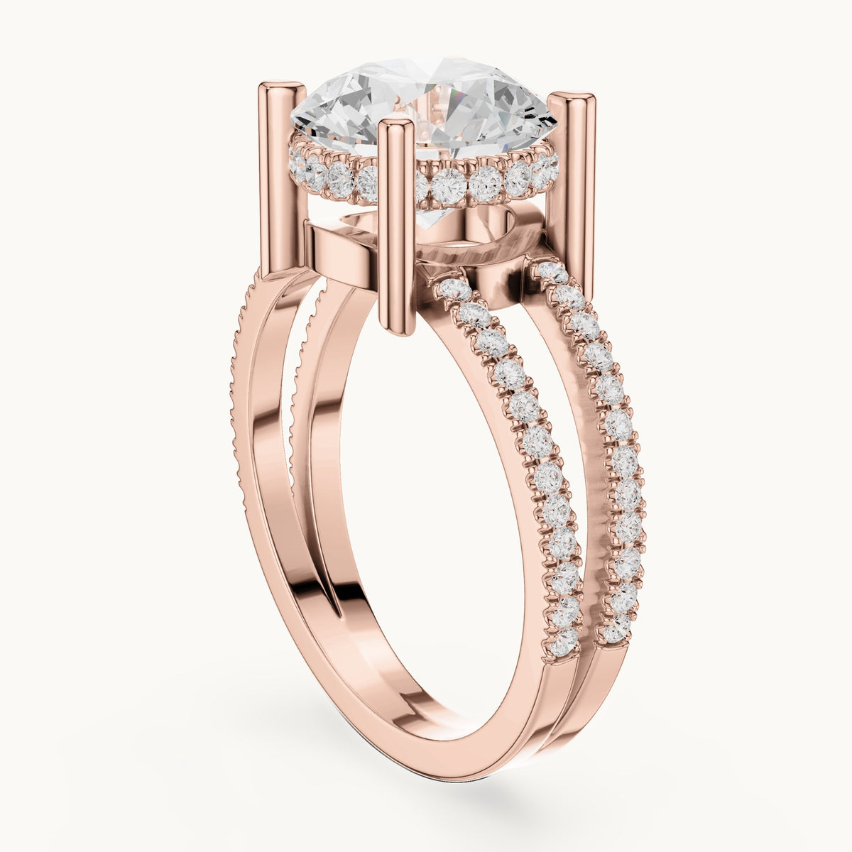 Round lab-grown diamond pavé split-shank hidden halo engagement ring in rose gold, 3.464 CT TW, view 1