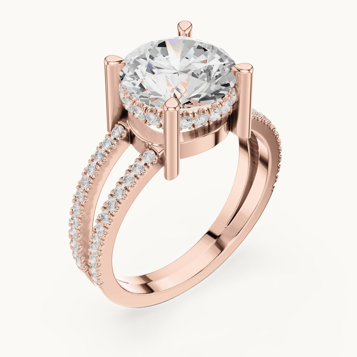 Round lab-grown diamond pavé split-shank hidden halo engagement ring in rose gold, 3.464 CT TW, view 2