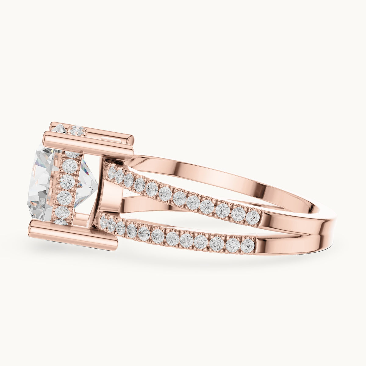 Round lab-grown diamond pavé split-shank hidden halo engagement ring in rose gold, 3.464 CT TW, view 3