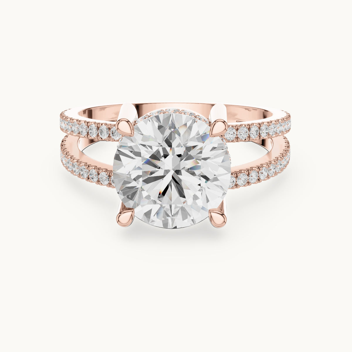 Round lab-grown diamond pavé split-shank hidden halo engagement ring in rose gold, 3.464 CT TW, view 4