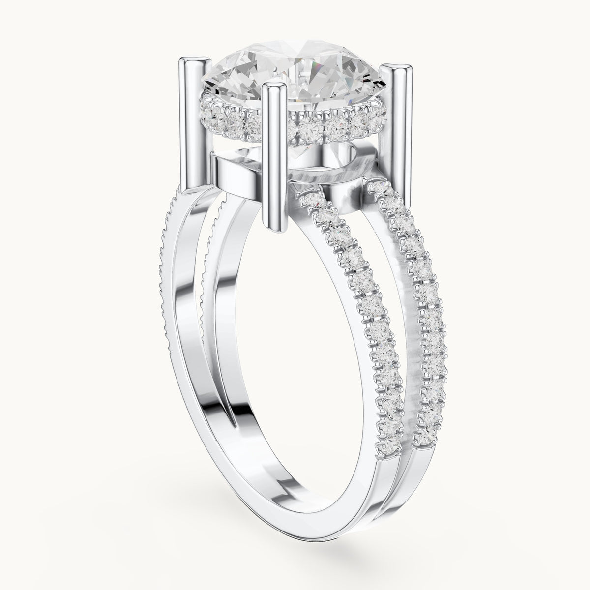 Round lab-grown diamond pavé split-shank hidden halo engagement ring in white gold, 3.464 CT TW, view 1