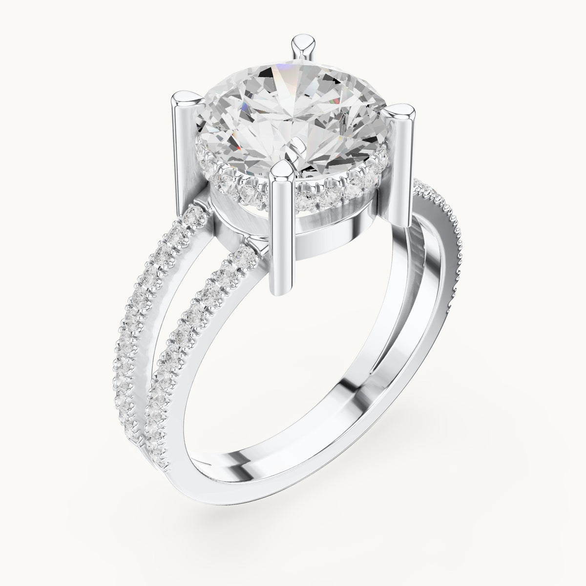 Round lab-grown diamond pavé split-shank hidden halo engagement ring in white gold, 3.464 CT TW, view 2