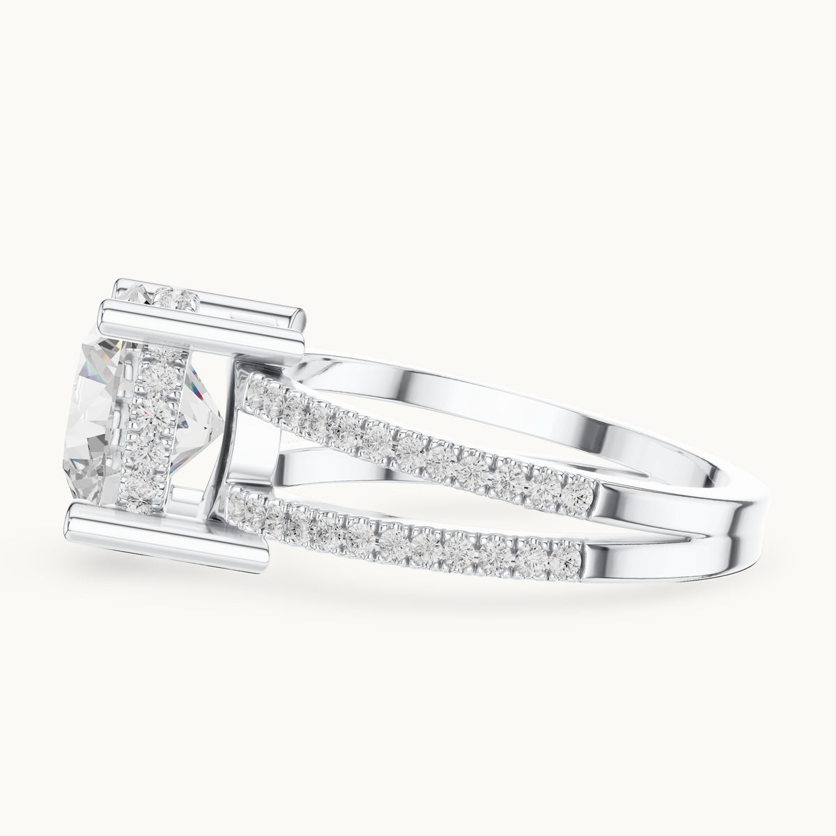Round lab-grown diamond pavé split-shank hidden halo engagement ring in white gold, 3.464 CT TW, view 3