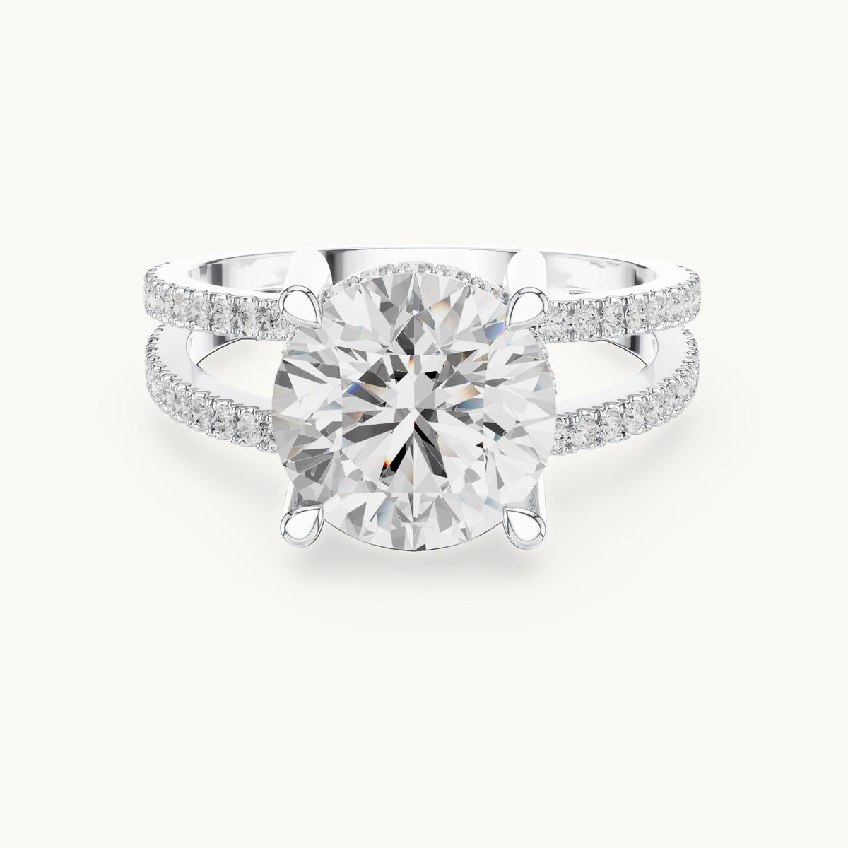 Round lab-grown diamond pavé split-shank hidden halo engagement ring in white gold, 3.464 CT TW, view 4
