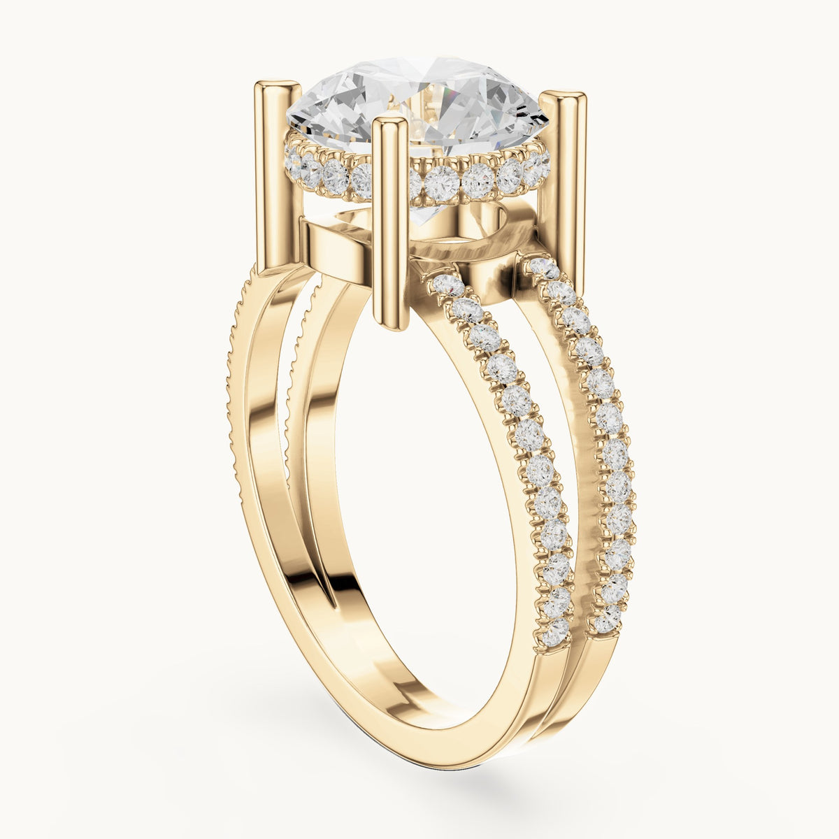 Round lab-grown diamond pavé split-shank hidden halo engagement ring in yellow gold, 3.464 CT TW, view 1