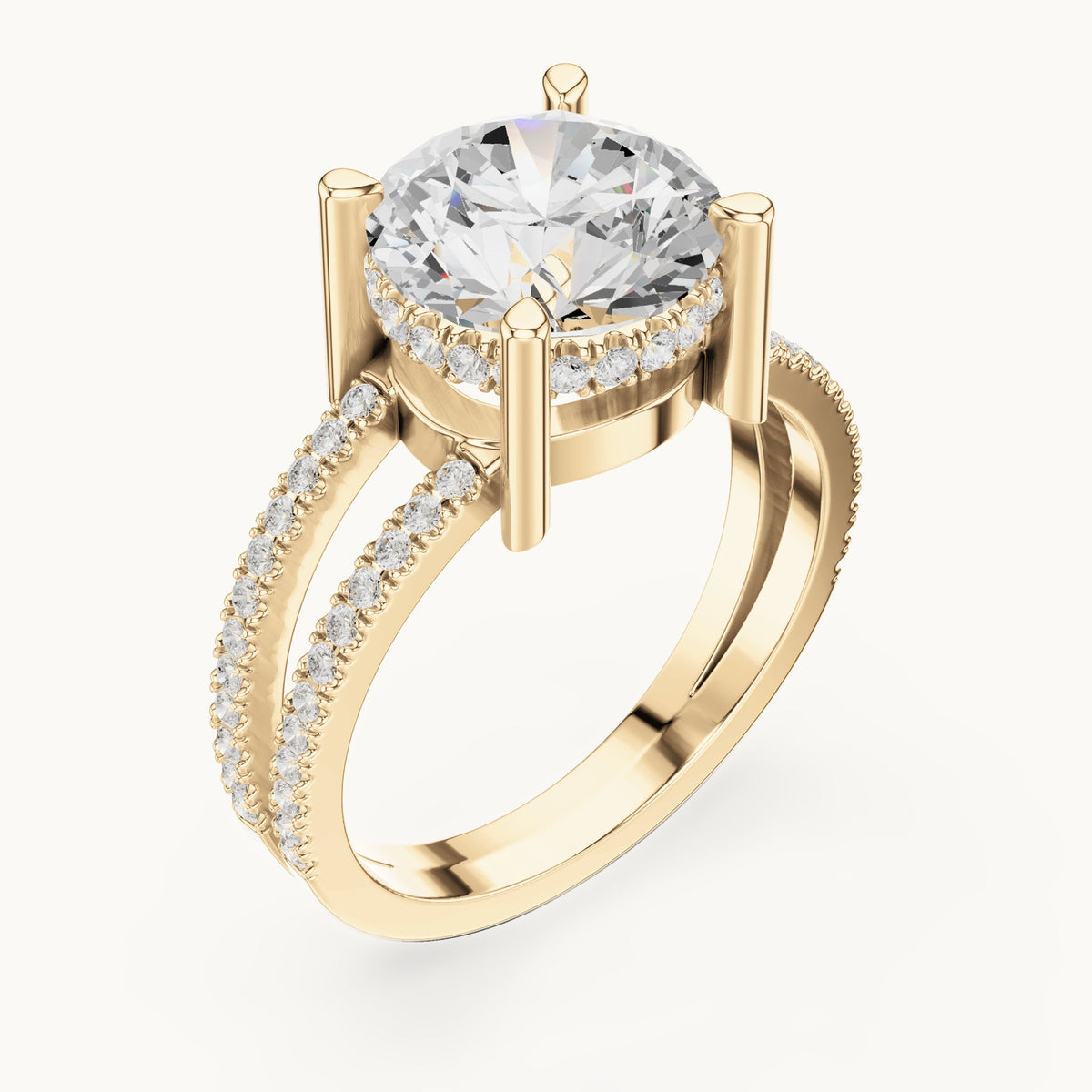 Round lab-grown diamond pavé split-shank hidden halo engagement ring in yellow gold, 3.464 CT TW, view 2