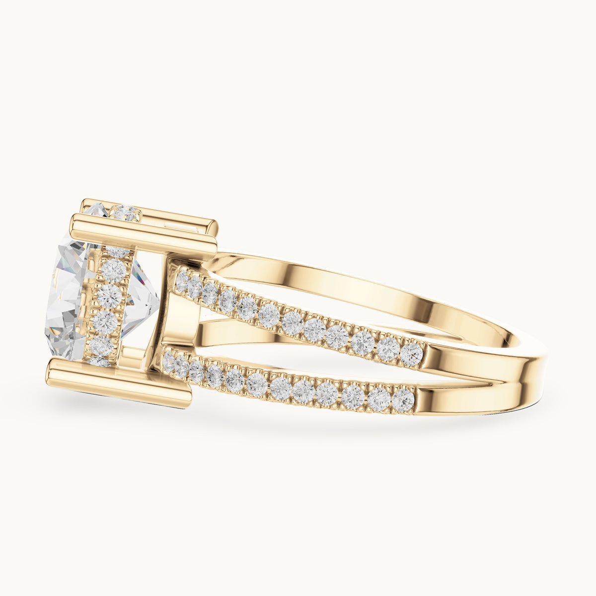 Round lab-grown diamond pavé split-shank hidden halo engagement ring in yellow gold, 3.464 CT TW, view 3