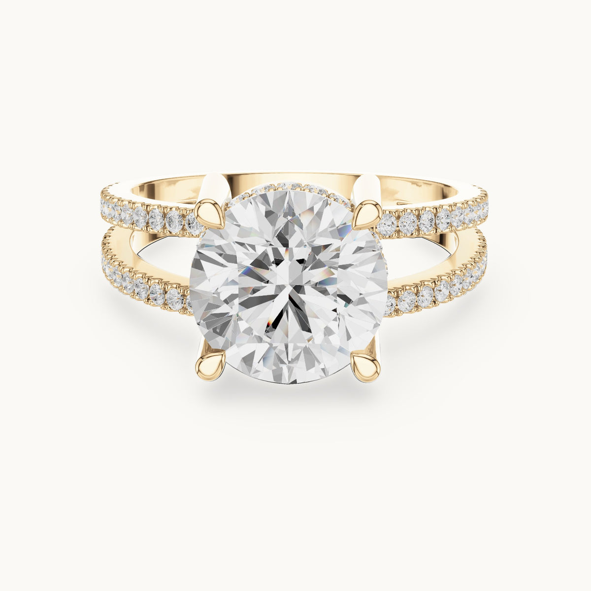 Round lab-grown diamond pavé split-shank hidden halo engagement ring in yellow gold, 3.464 CT TW, view 4