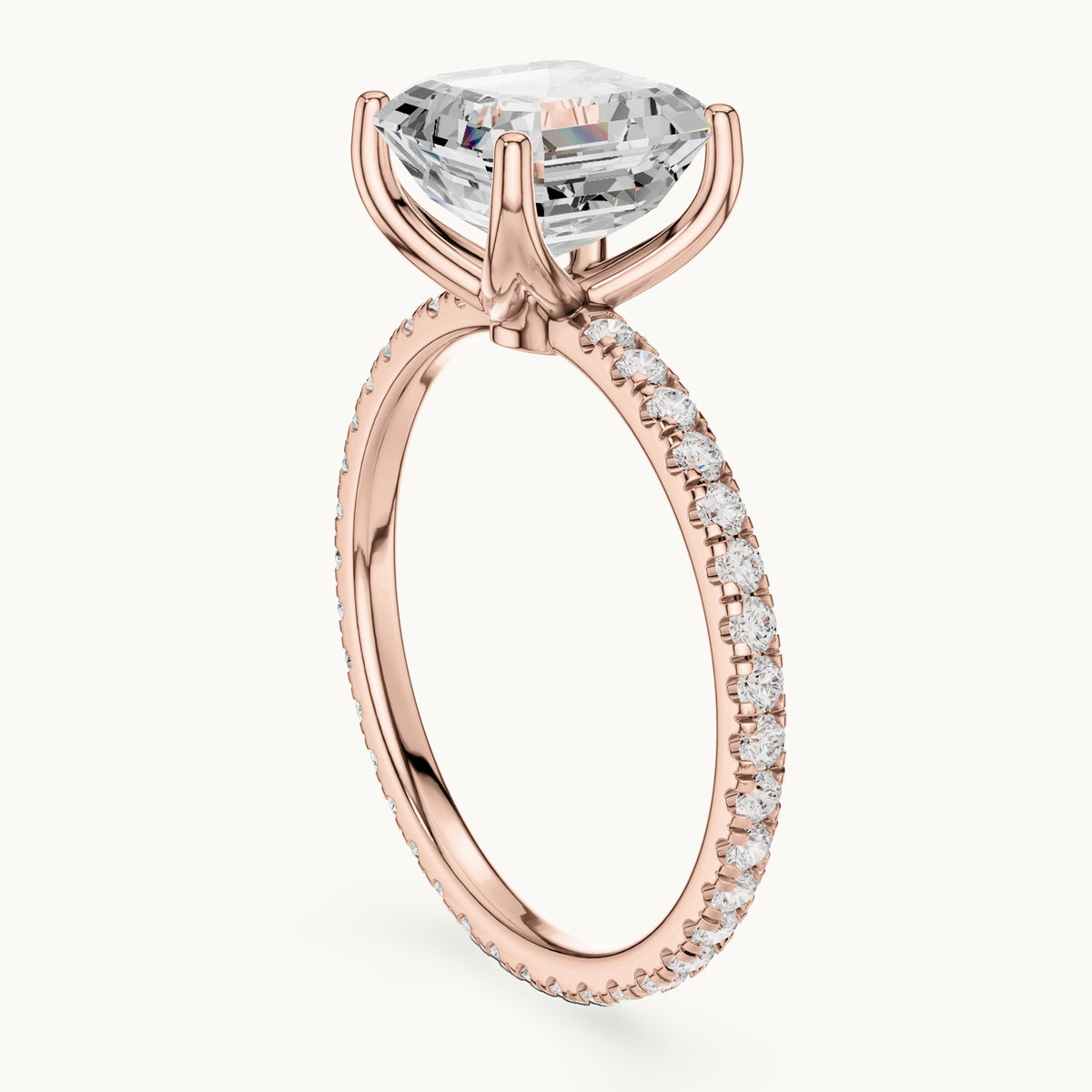 Asscher-cut lab-grown diamond pavé band solitaire engagement ring in rose gold, 2.944 CT TW, view 1