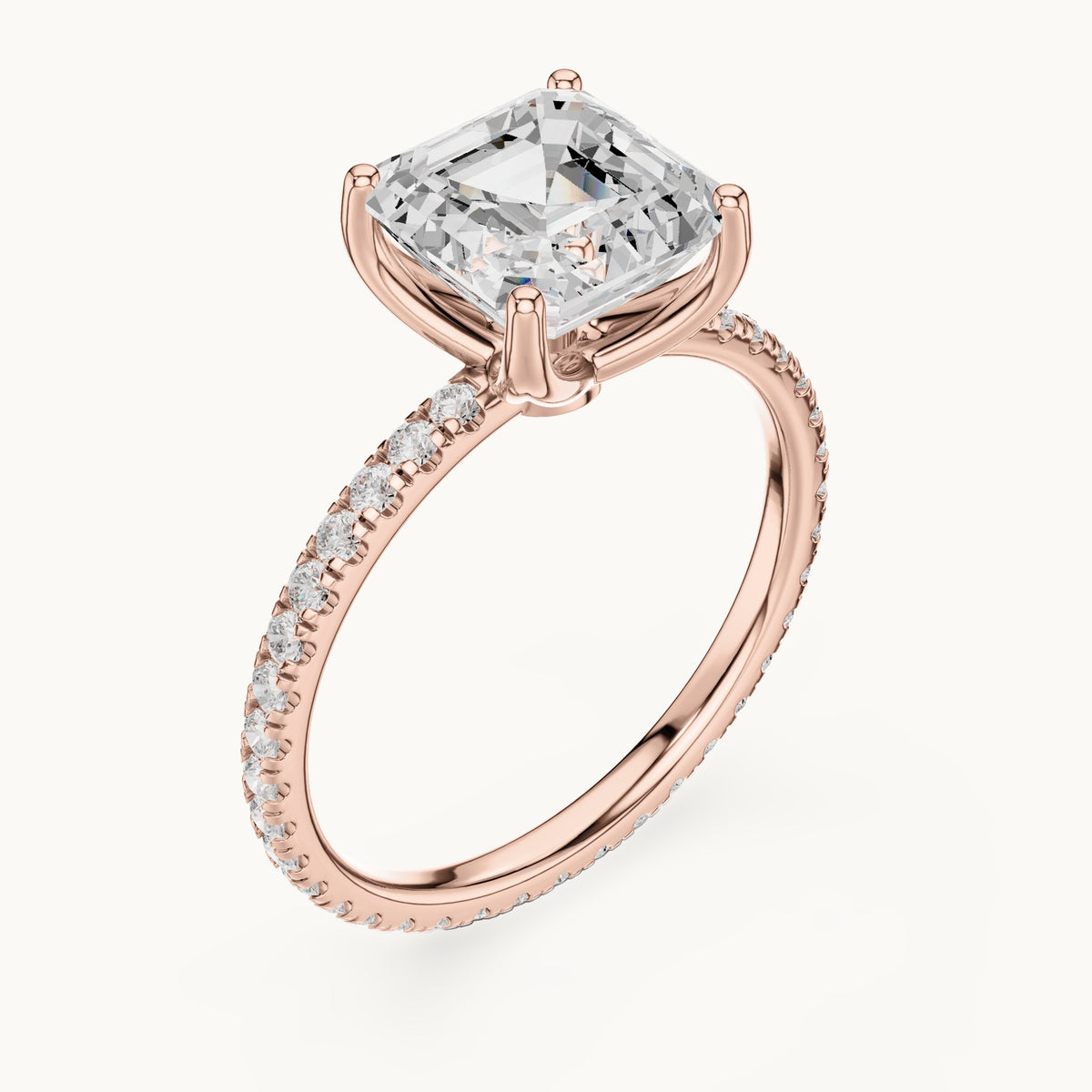 Asscher-cut lab-grown diamond pavé band solitaire engagement ring in rose gold, 2.944 CT TW, view 2