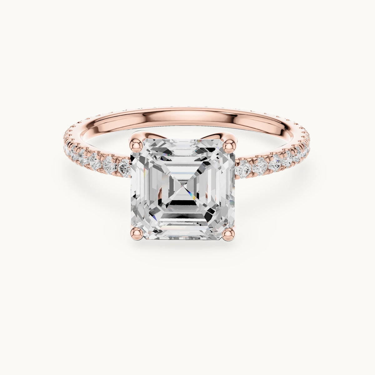 Asscher-cut lab-grown diamond pavé band solitaire engagement ring in rose gold, 2.944 CT TW, view 4