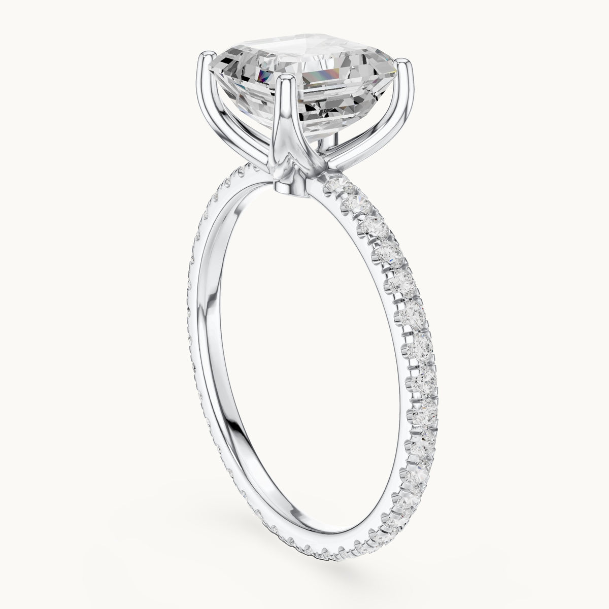 Asscher-cut lab-grown diamond pavé band solitaire engagement ring in white gold, 2.944 CT TW, view 1