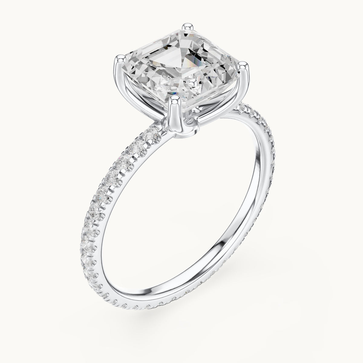 Asscher-cut lab-grown diamond pavé band solitaire engagement ring in white gold, 2.944 CT TW, view 2