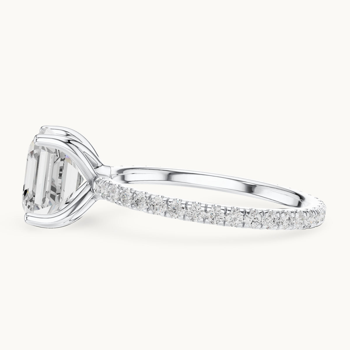 Asscher-cut lab-grown diamond pavé band solitaire engagement ring in white gold, 2.944 CT TW, view 3