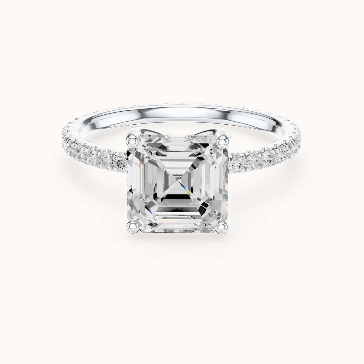Asscher-cut lab-grown diamond pavé band solitaire engagement ring in white gold, 2.944 CT TW, view 4