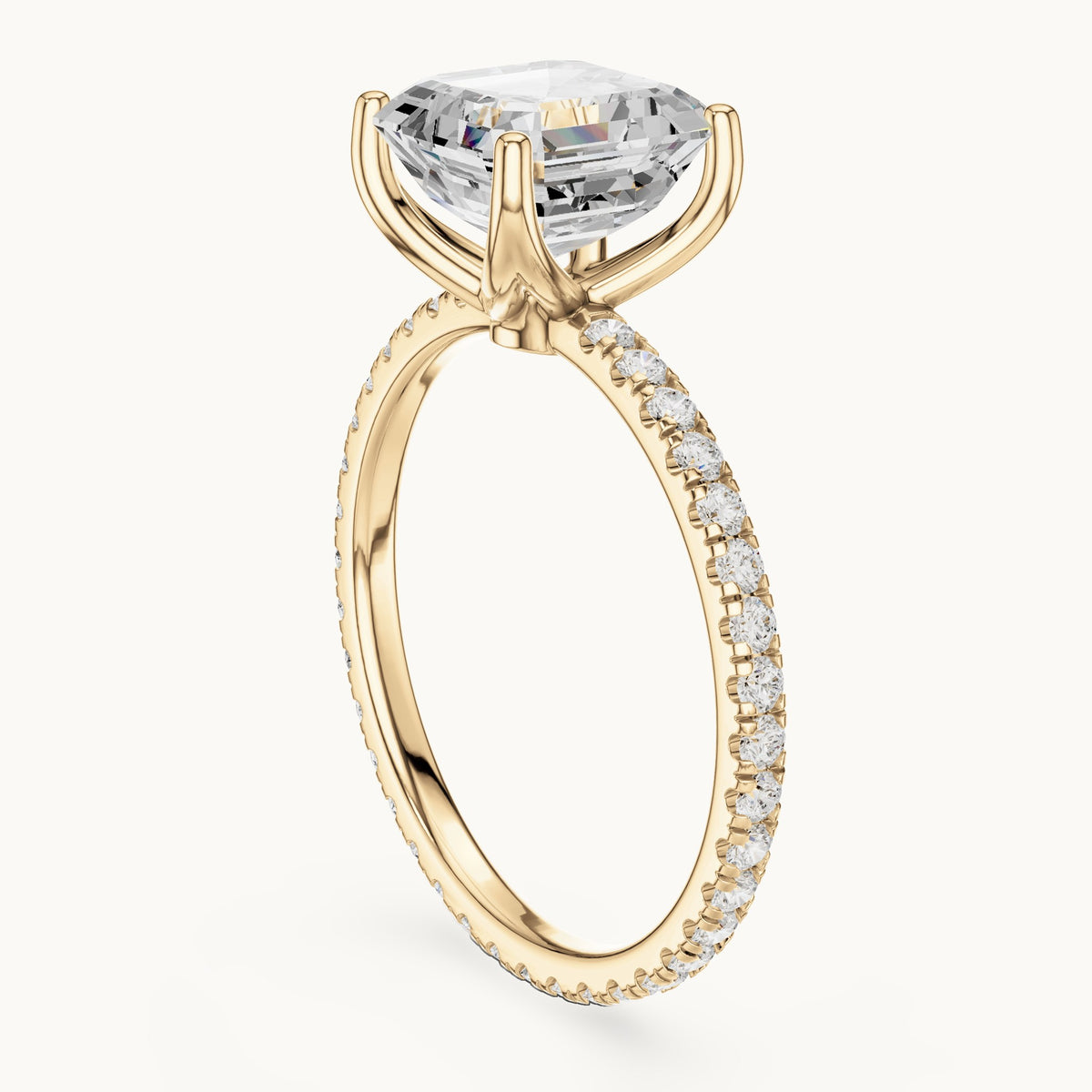Asscher-cut lab-grown diamond pavé band solitaire engagement ring in yellow gold, 2.944 CT TW, view 1