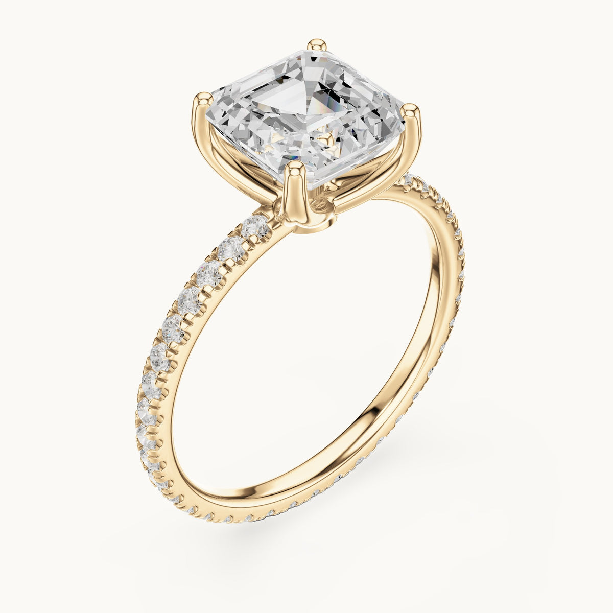 Asscher-cut lab-grown diamond pavé band solitaire engagement ring in yellow gold, 2.944 CT TW, view 2