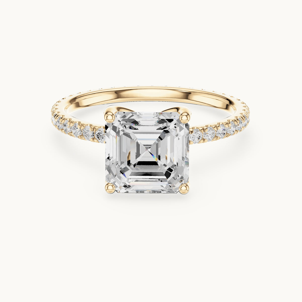 Asscher-cut lab-grown diamond pavé band solitaire engagement ring in yellow gold, 2.944 CT TW, view 4