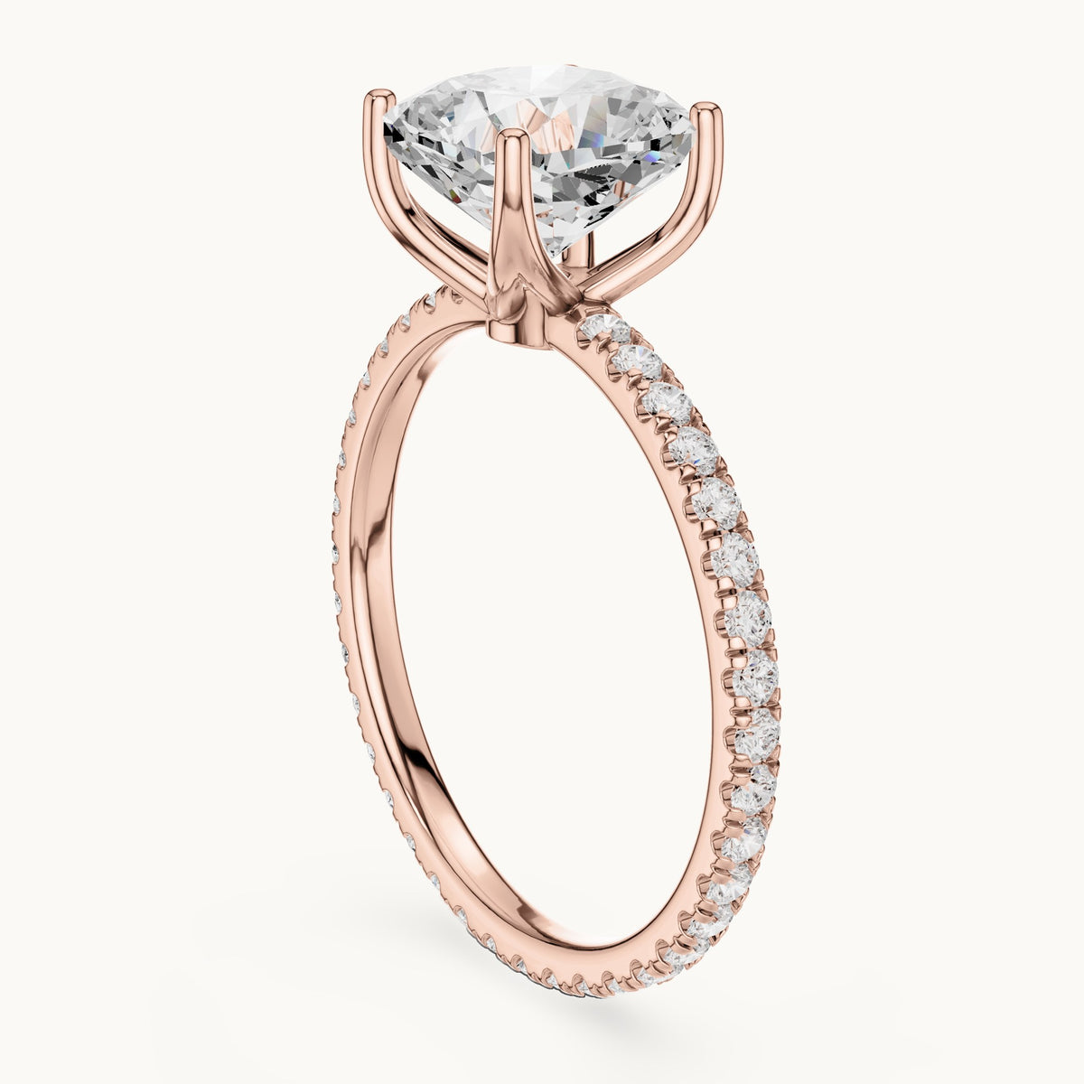 Cushion-cut lab-grown diamond pavé band solitaire engagement ring in rose gold, 2.944 CT TW, view 1