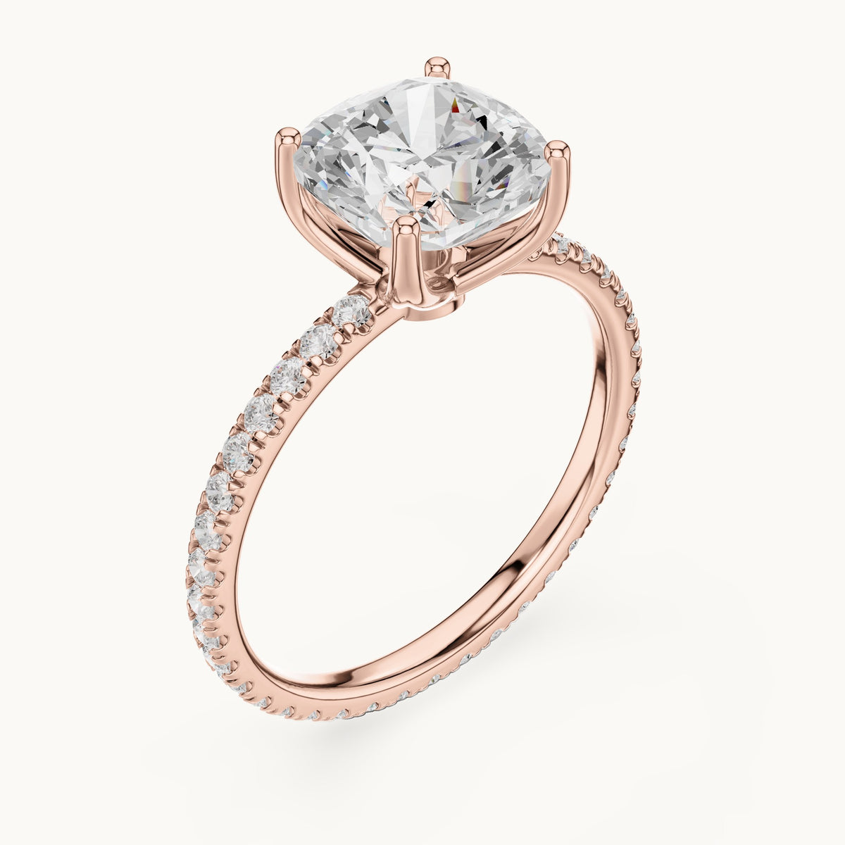 Cushion-cut lab-grown diamond pavé band solitaire engagement ring in rose gold, 2.944 CT TW, view 2