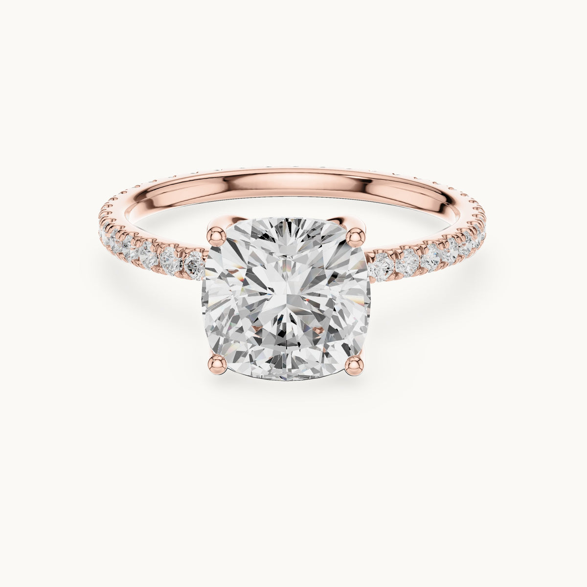 Cushion-cut lab-grown diamond pavé band solitaire engagement ring in rose gold, 2.944 CT TW, view 4