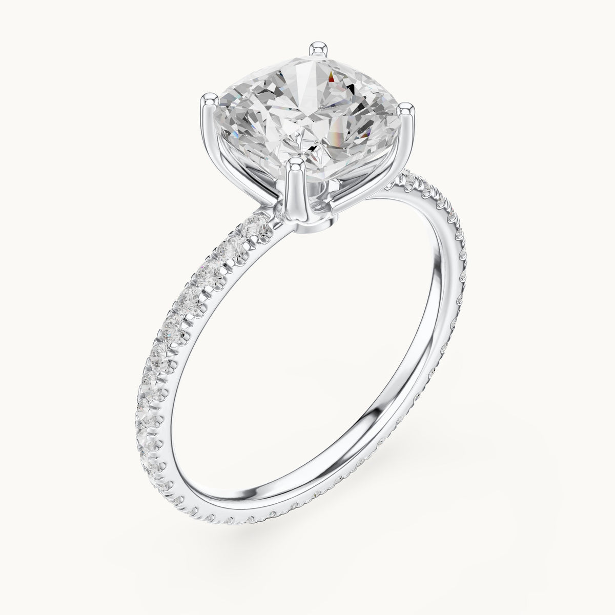Cushion-cut lab-grown diamond pavé band solitaire engagement ring in white gold, 2.944 CT TW, view 2