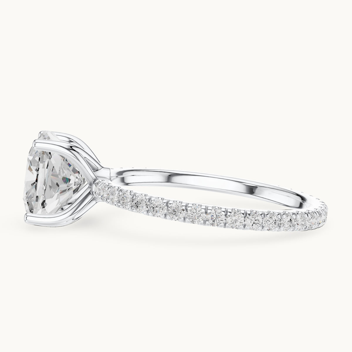 Cushion-cut lab-grown diamond pavé band solitaire engagement ring in white gold, 2.944 CT TW, view 3