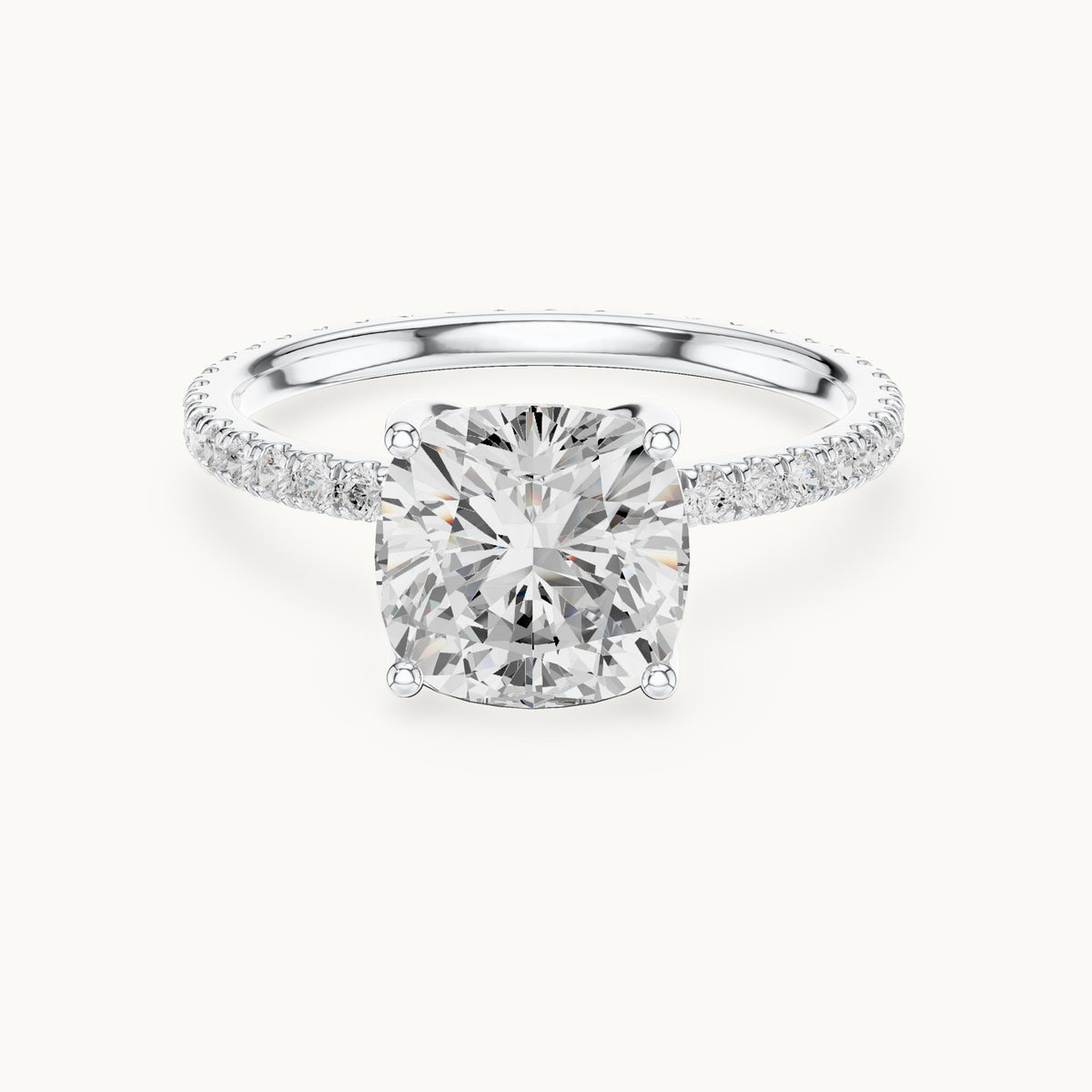 Cushion-cut lab-grown diamond pavé band solitaire engagement ring in white gold, 2.944 CT TW, view 4