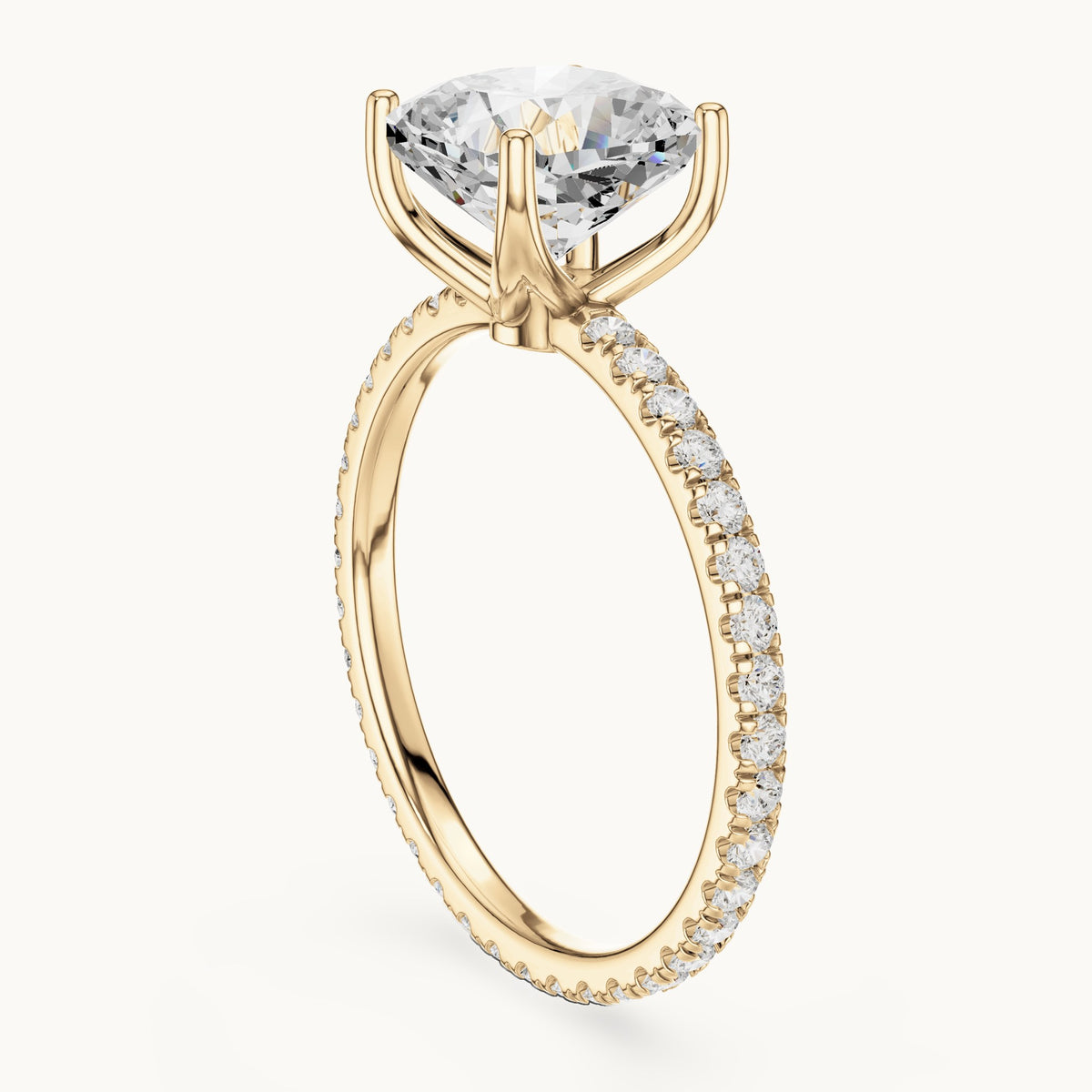 Cushion-cut lab-grown diamond pavé band solitaire engagement ring in yellow gold, 2.944 CT TW, view 1