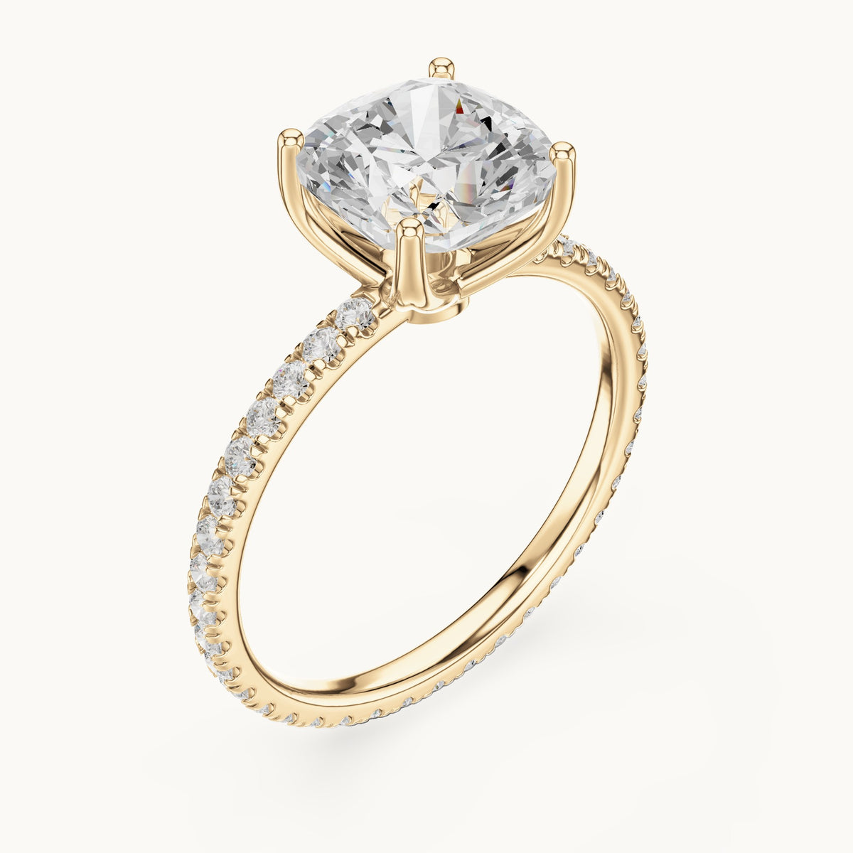 Cushion-cut lab-grown diamond pavé band solitaire engagement ring in yellow gold, 2.944 CT TW, view 2