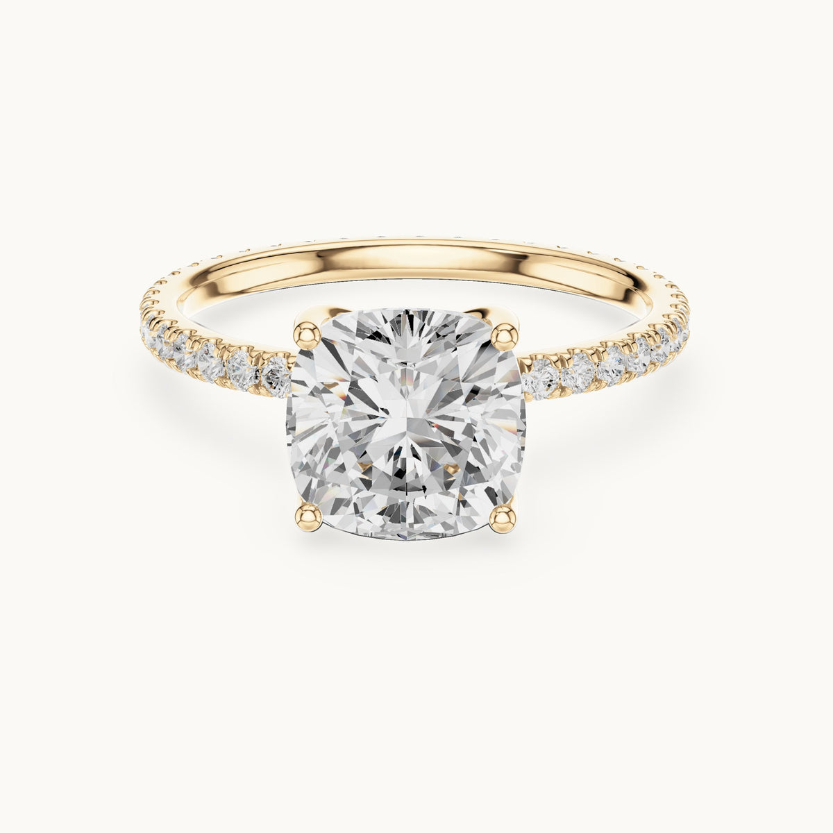 Cushion-cut lab-grown diamond pavé band solitaire engagement ring in yellow gold, 2.944 CT TW, view 4