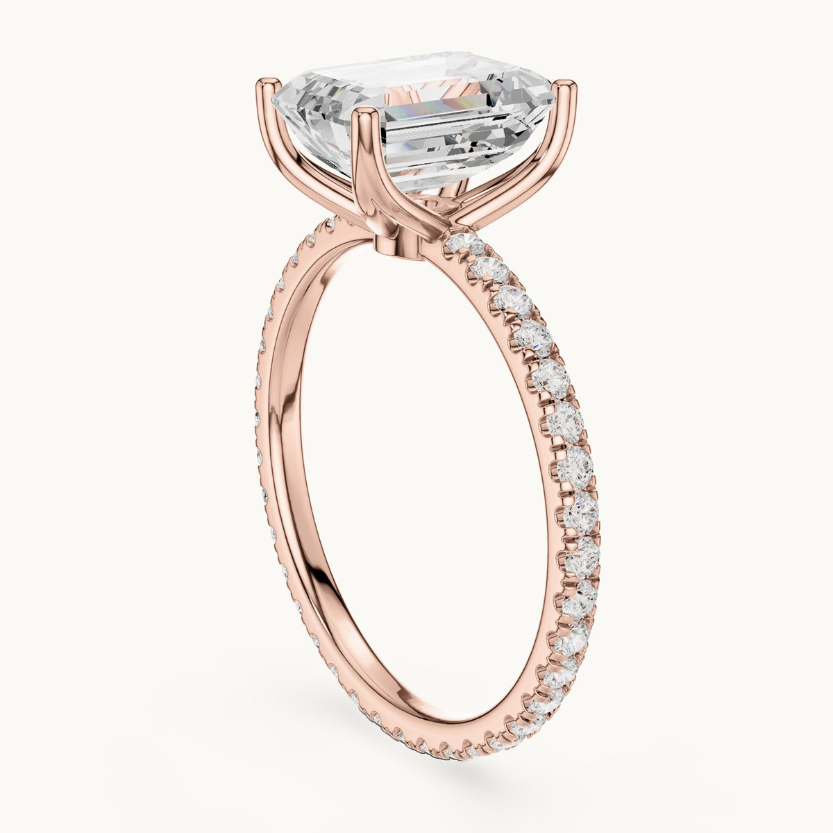 Emerald-cut lab-grown diamond pavé band solitaire engagement ring in rose gold, 2.944 CT TW, view 1