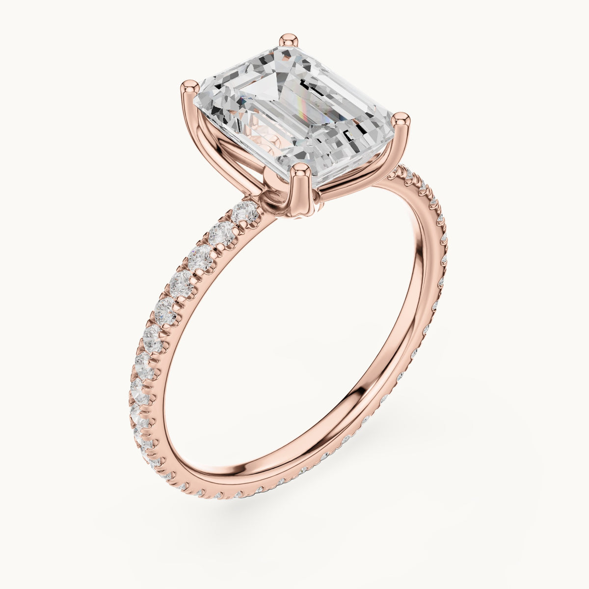 Emerald-cut lab-grown diamond pavé band solitaire engagement ring in rose gold, 2.944 CT TW, view 2