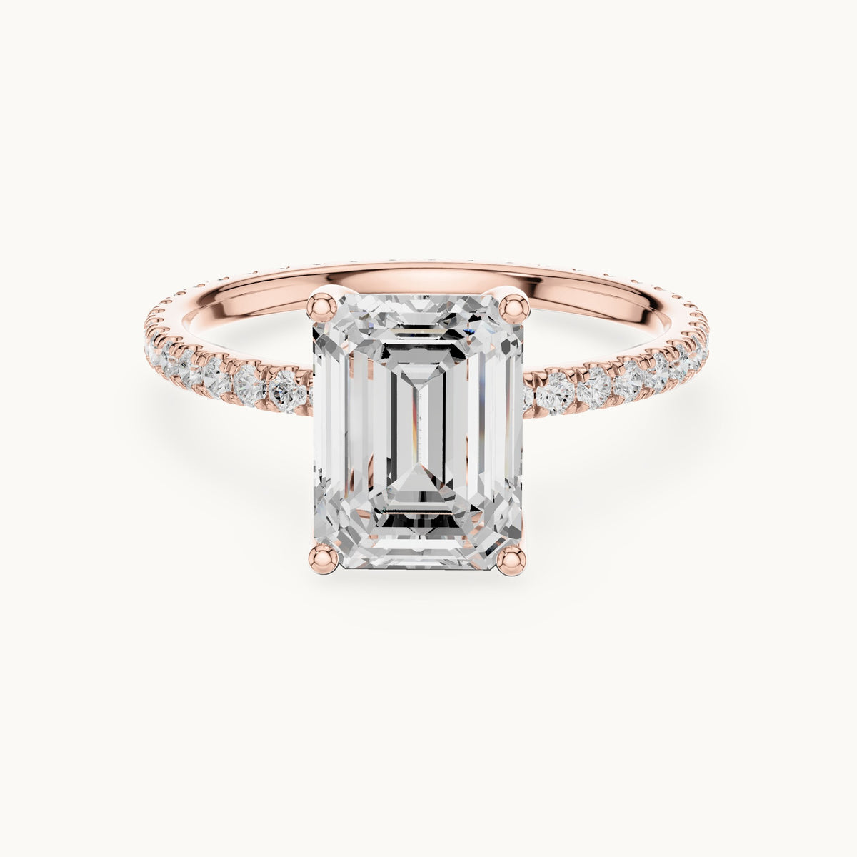 Emerald-cut lab-grown diamond pavé band solitaire engagement ring in rose gold, 2.944 CT TW, view 4