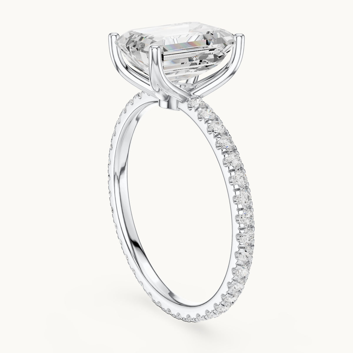 Emerald-cut lab-grown diamond pavé band solitaire engagement ring in white gold, 2.944 CT TW, view 1