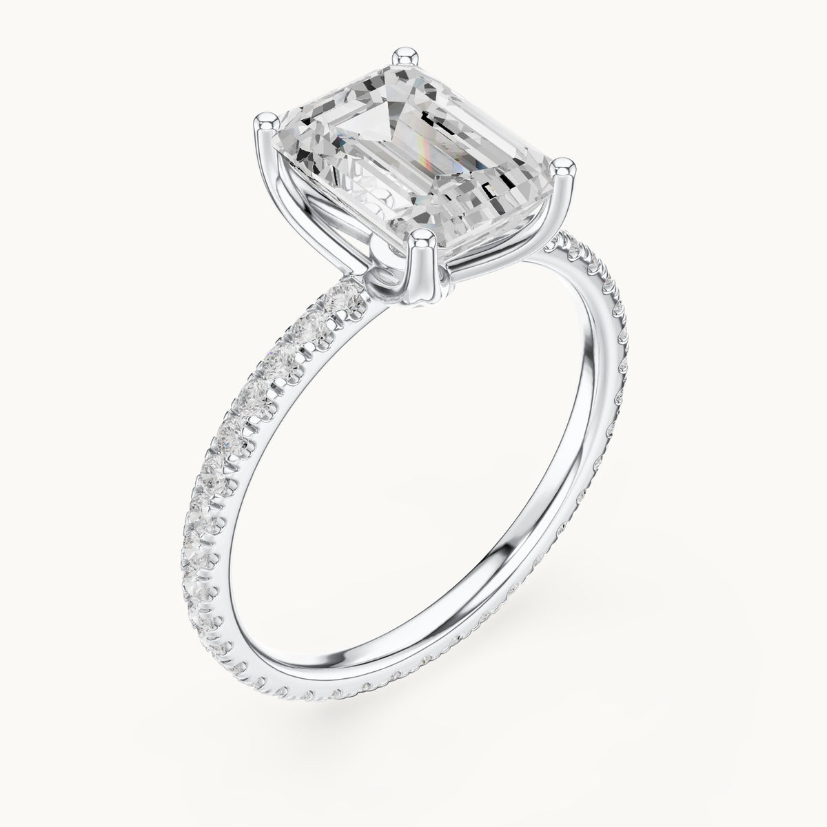 Emerald-cut lab-grown diamond pavé band solitaire engagement ring in white gold, 2.944 CT TW, view 2