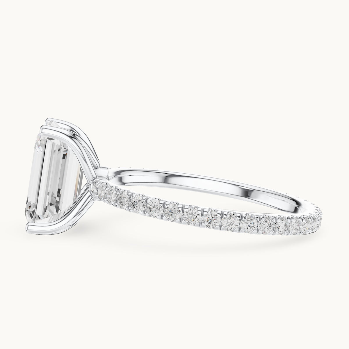 Emerald-cut lab-grown diamond pavé band solitaire engagement ring in white gold, 2.944 CT TW, view 3