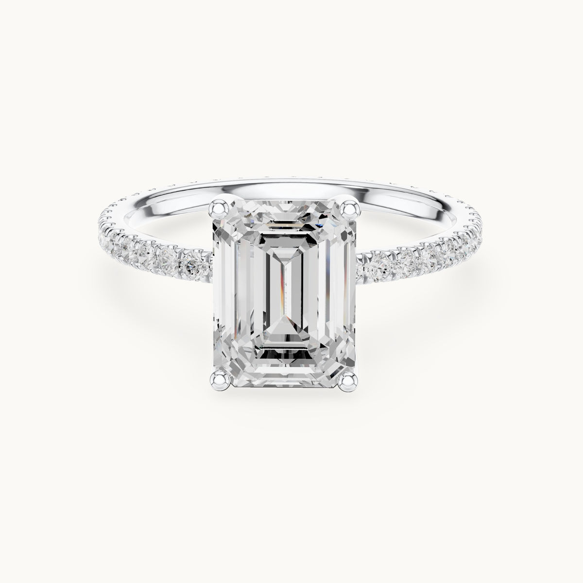 Emerald-cut lab-grown diamond pavé band solitaire engagement ring in white gold, 2.944 CT TW, view 4