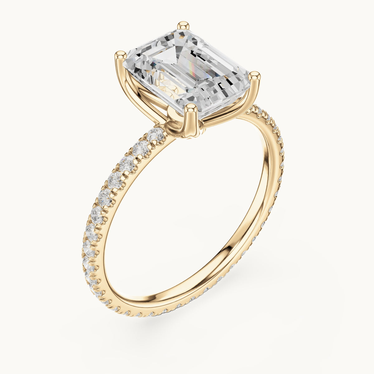 Emerald-cut lab-grown diamond pavé band solitaire engagement ring in yellow gold, 2.944 CT TW, view 2