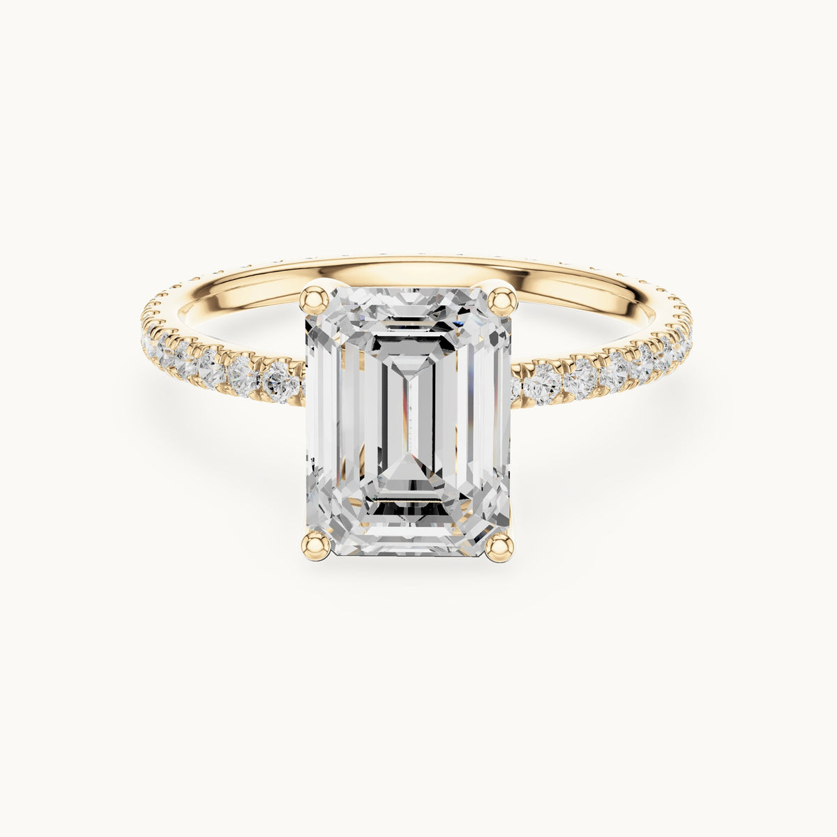 Emerald-cut lab-grown diamond pavé band solitaire engagement ring in yellow gold, 2.944 CT TW, view 4