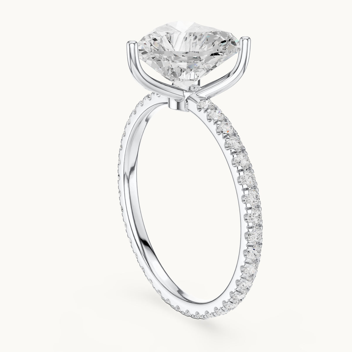 Heart lab-grown diamond pavé band solitaire engagement ring in white gold, 2.944 CT TW, view 1