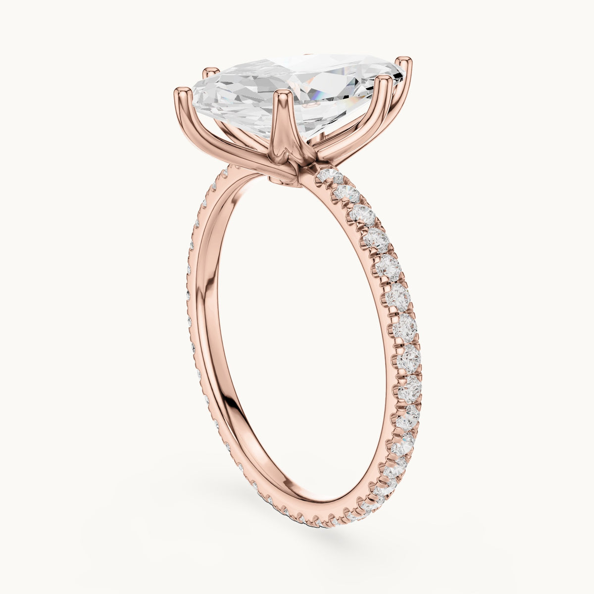 Marquise lab-grown diamond pavé band solitaire engagement ring in rose gold, 2.944 CT TW, view 1