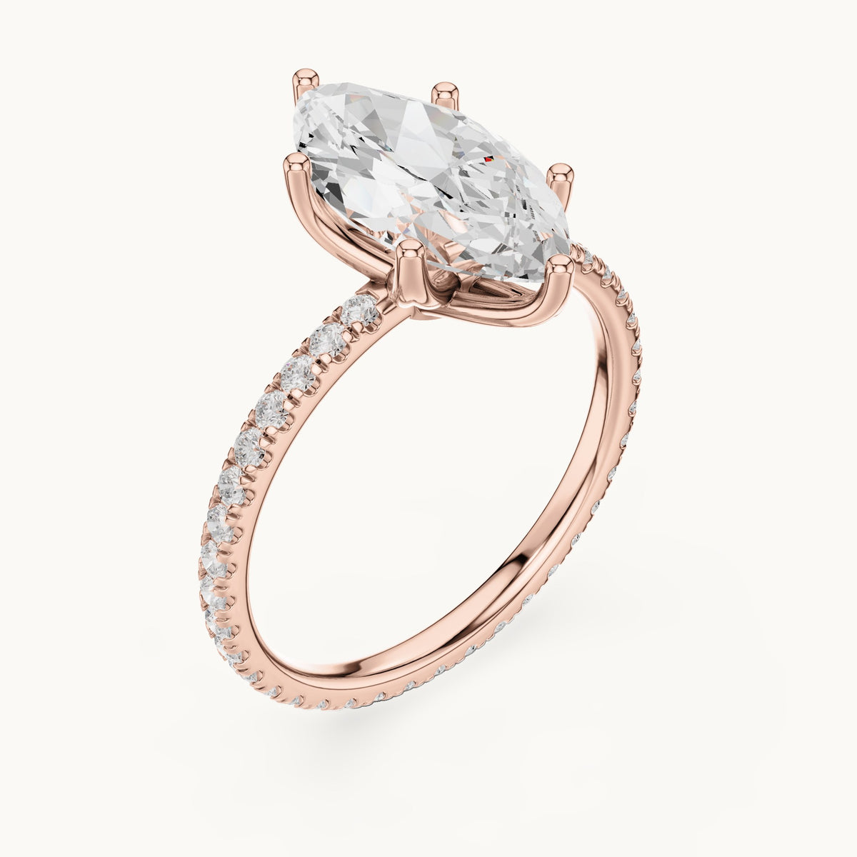 Marquise lab-grown diamond pavé band solitaire engagement ring in rose gold, 2.944 CT TW, view 2