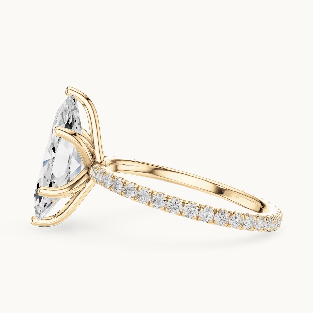 Marquise lab-grown diamond pavé band solitaire engagement ring in yellow gold, 2.944 CT TW, view 3