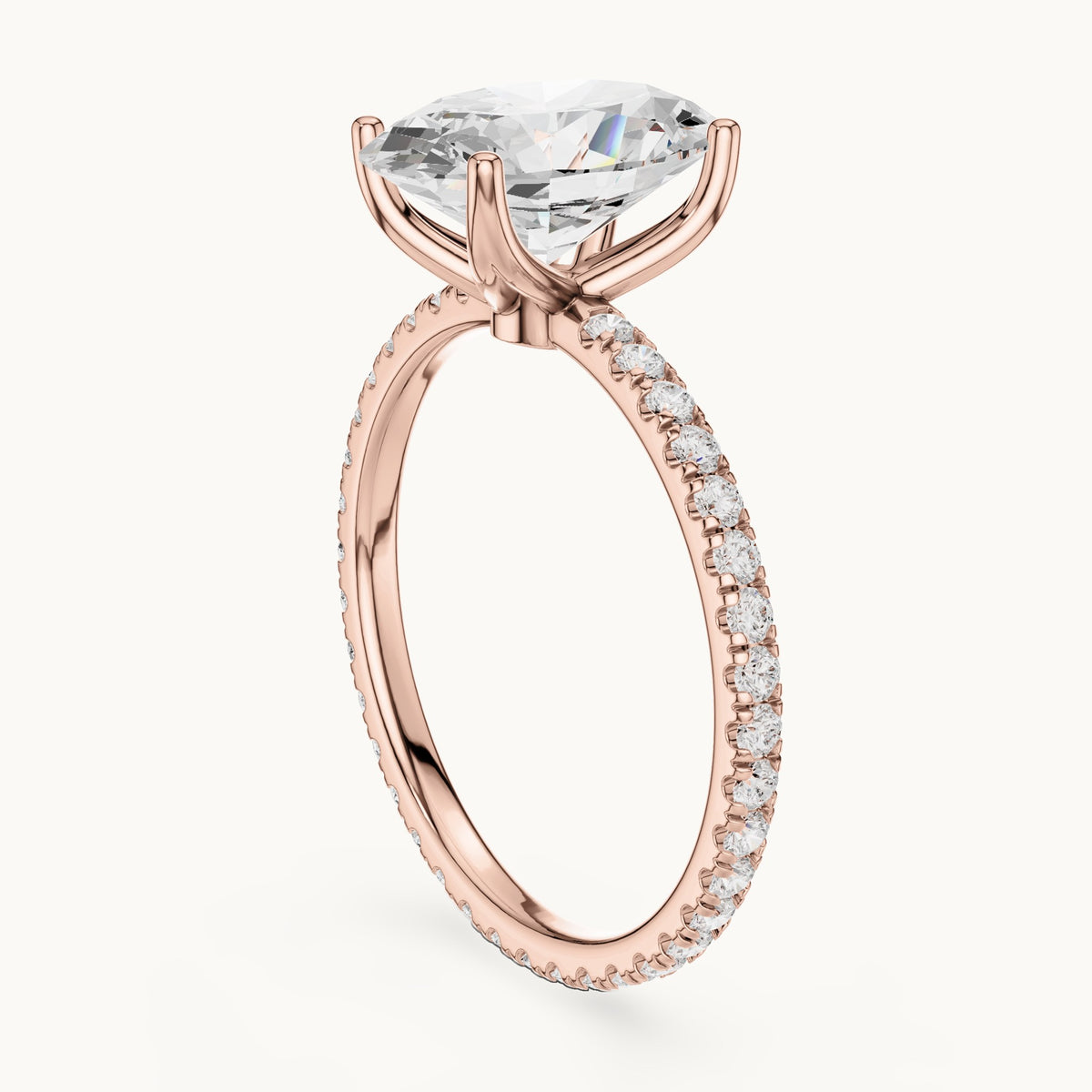 Oval lab-grown diamond pavé band solitaire engagement ring in rose gold, 2.944 CT TW, view 1