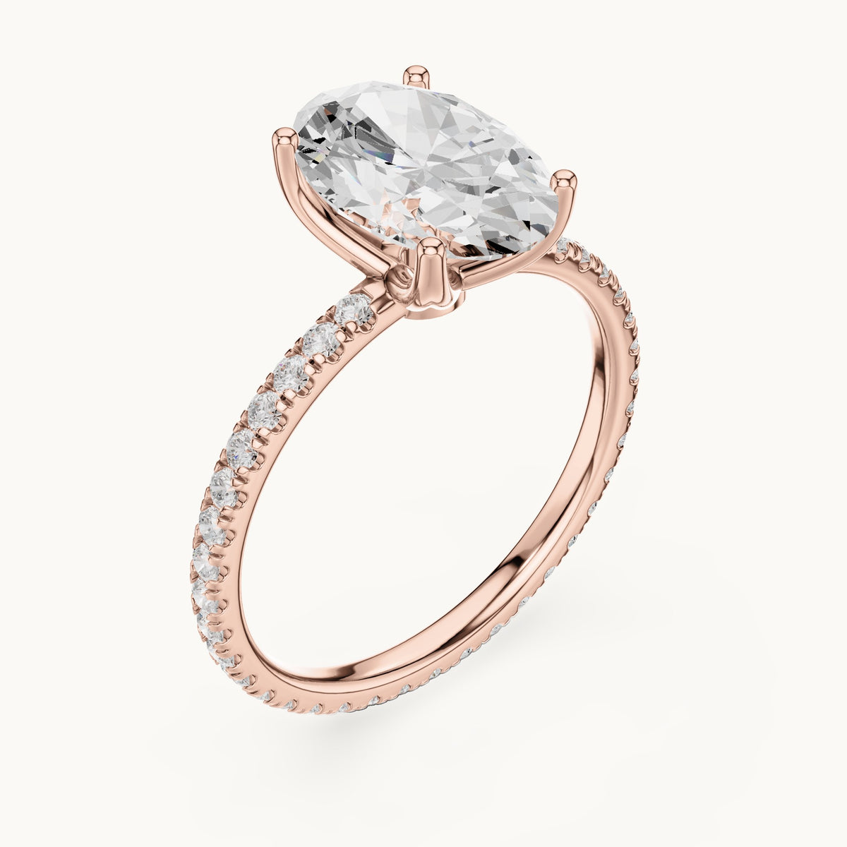Oval lab-grown diamond pavé band solitaire engagement ring in rose gold, 2.944 CT TW, view 2
